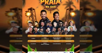 Cartaz de divulgação da Temporada de Praia NX 2025 em Nova Xavantina, com artistas e datas. Imagem: Prefeitura de Nova Xavantina / Instagram.