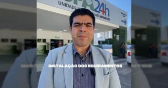 Homem em frente à fachada da UPA 24h de Cuiabá, com equipe no corredor, anunciando a retomada dos serviços de tomografia. Créditos: cuiabaprefeitura / Instagram.