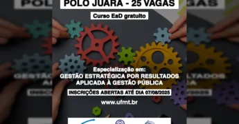 Engrenagens coloridas simbolizando estratégia e trabalho em equipe, com texto sobre vagas de especialização EaD. Créditos: Prefeitura de Juara / Instagram.