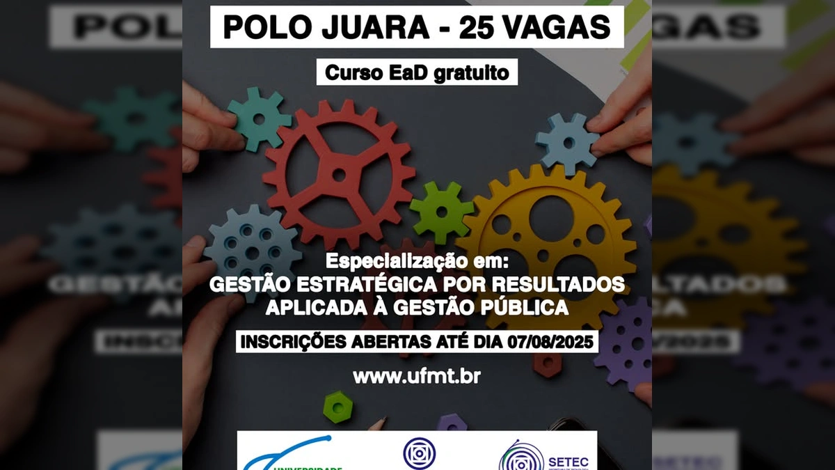Engrenagens coloridas simbolizando estratégia e trabalho em equipe, com texto sobre vagas de especialização EaD. Créditos: Prefeitura de Juara / Instagram.