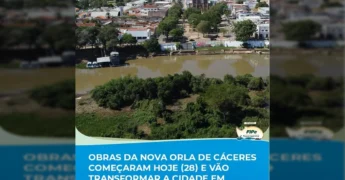 Imagem aérea de Cáceres mostrando o rio e a orla em obras. Créditos: Prefeitura de Cáceres / Instagram.
