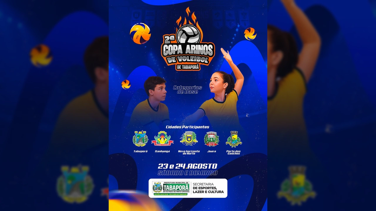 Cartaz da 2ª Copa Arinos de Voleibol em Tabaporã com jovens atletas e detalhes do evento.