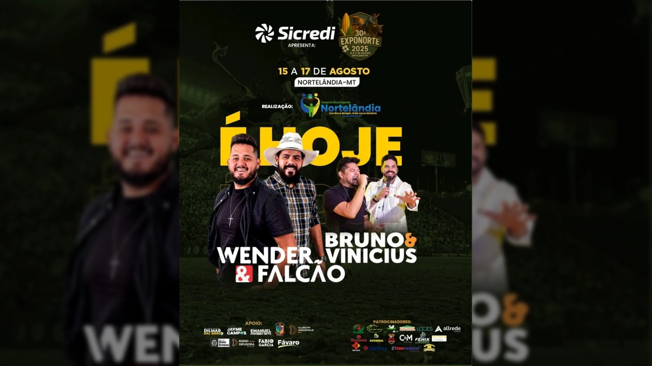 Imagem promocional da 30ª Exponorte 2025 em Nortelândia, com destaque para as atrações musicais Wender & Falcão e Bruno & Vinicius, e o rodeio. Créditos: exponorte_2025 no Instagram.