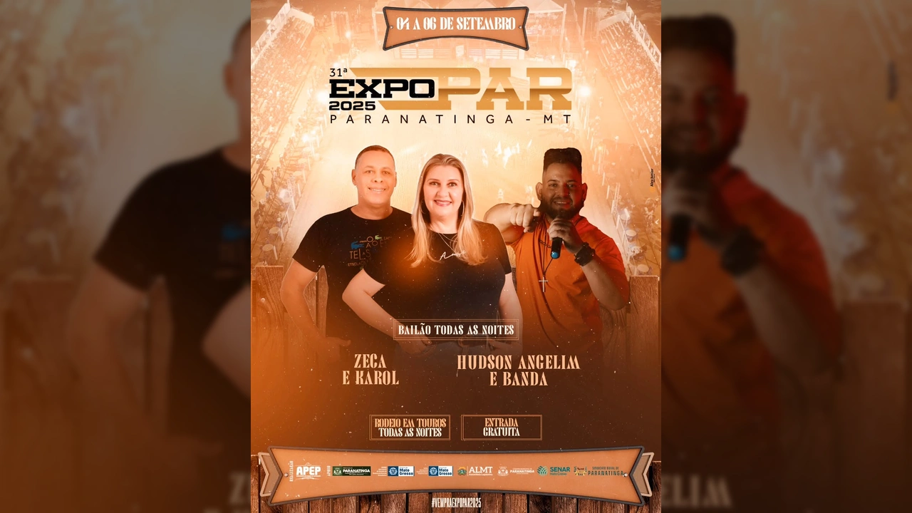 Cartaz da 31ª EXPOPAR Paranatinga 2025 com Zeca e Karol e Hudson Angelim e Banda. Créditos: expoparrodeio / Instagram