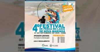 Banner promocional do 4º Festival de Pesca no Lago de Nova Maringá, com pescador, peixe e detalhes do evento. Crédito: Prefeitura Municipal de Nova Maringá / Instagram.