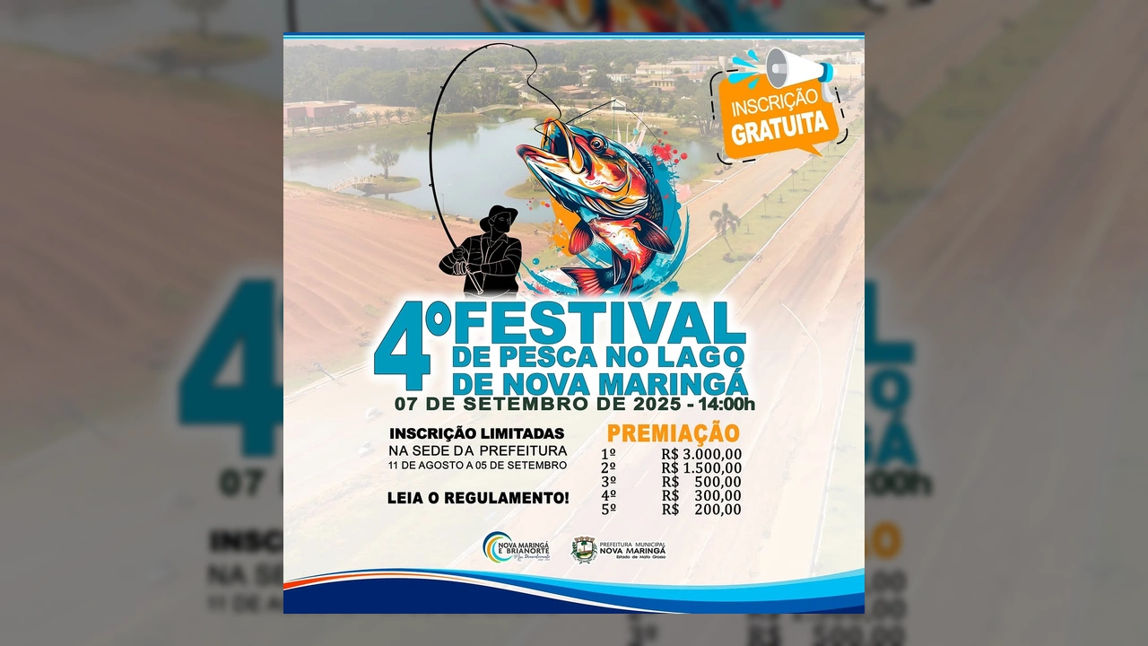 Banner promocional do 4º Festival de Pesca no Lago de Nova Maringá, com pescador, peixe e detalhes do evento. Crédito: Prefeitura Municipal de Nova Maringá / Instagram.