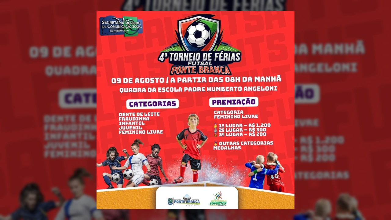 Banner do 4º Torneio de Férias de Futsal em Ponte Branca, com informações de categorias e premiações.