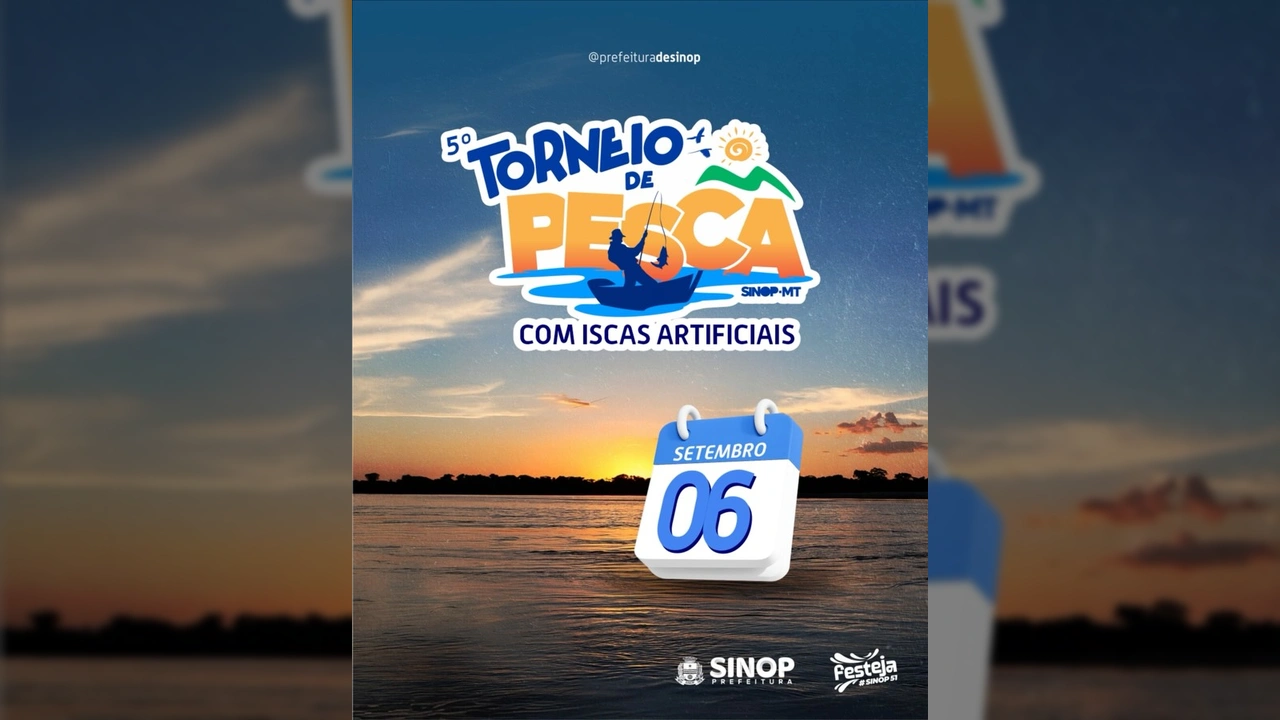 Cena de pôr do sol em um rio, com um pescador em silhueta lançando a linha. Logo do 5º Torneio de Pesca de Sinop com data de 6 de setembro. Crédito: Festeja Sinop / Instagram