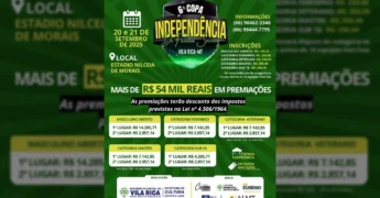 Imagem promocional da 6ª Copa da Independência de Futebol Society em Vila Rica, MT, com datas, local e informações de inscrição.