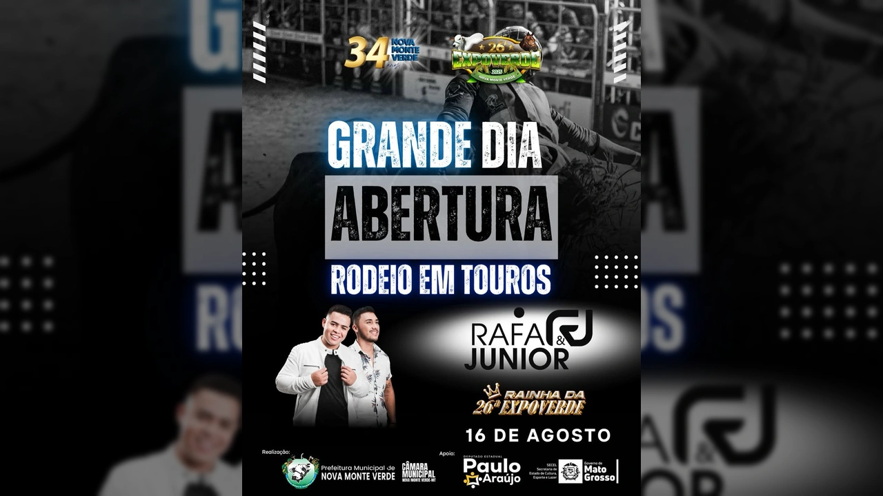 Imagem da abertura da 26ª ExpoVerde em Nova Monte Verde, com destaque para o rodeio em touros e show de Rafa & Junior. Créditos: Prefeitura de Nova Monte Verde / Instagram