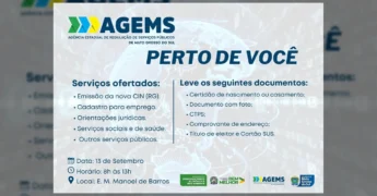 Imagem da divulgação da ação 'AGEMS Perto de Você' em Chapadão do Sul, oferecendo diversos serviços públicos. Créditos: SEDEMA / Instagram