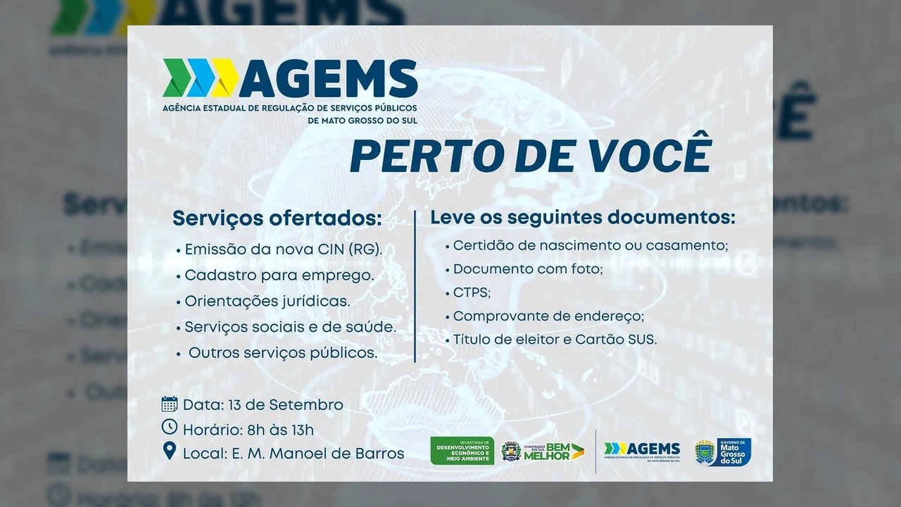 Imagem da divulgação da ação 'AGEMS Perto de Você' em Chapadão do Sul, oferecendo diversos serviços públicos. Créditos: SEDEMA / Instagram