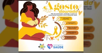 Mulher amamentando e infográfico sobre os benefícios do aleitamento materno, divulgado pela Secretaria Municipal de Saúde de Luciara.