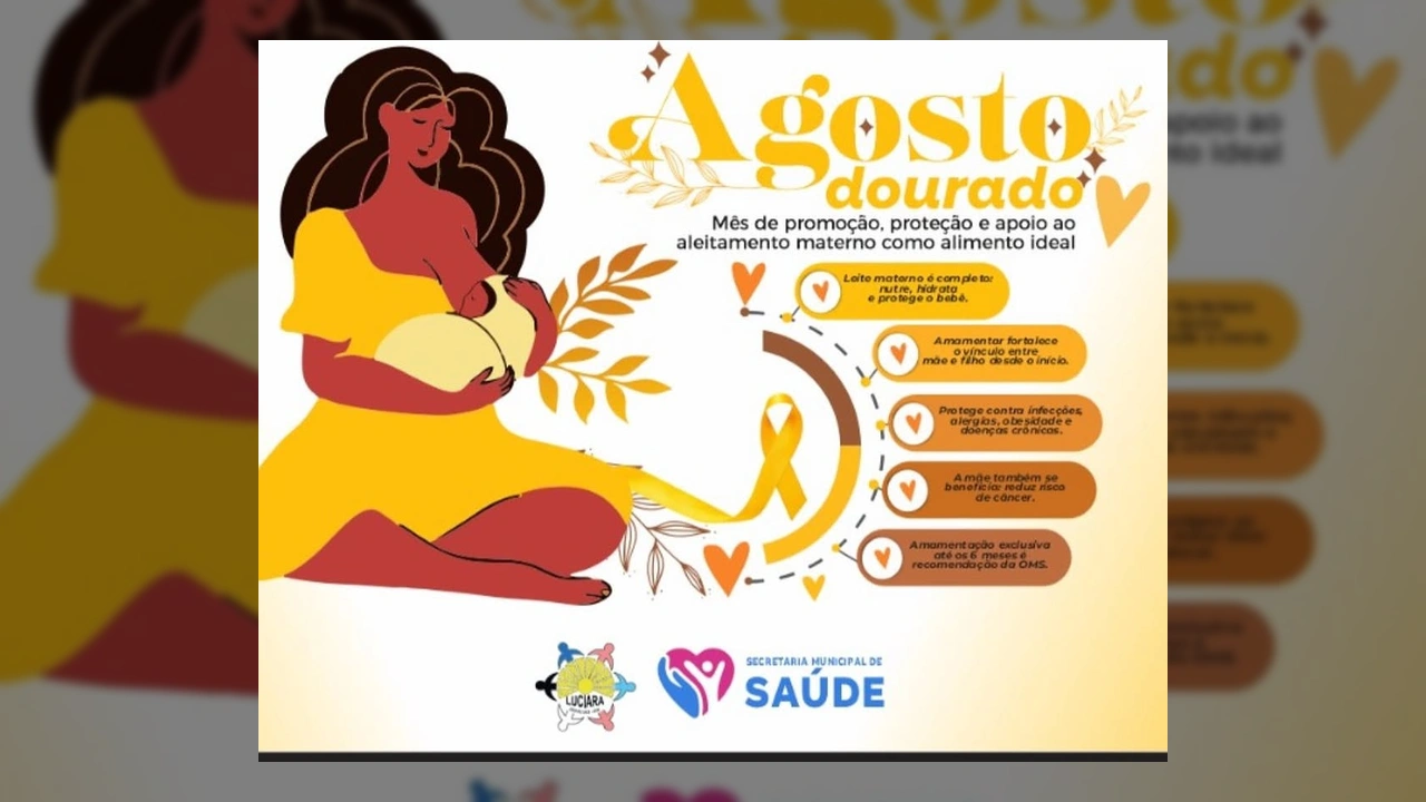 Mulher amamentando e infográfico sobre os benefícios do aleitamento materno, divulgado pela Secretaria Municipal de Saúde de Luciara.