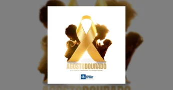 Representação visual da campanha Agosto Dourado, com um laço dourado e silhuetas de mães amamentando bebês, publicada pela Prefeitura de Planalto da Serra / Instagram