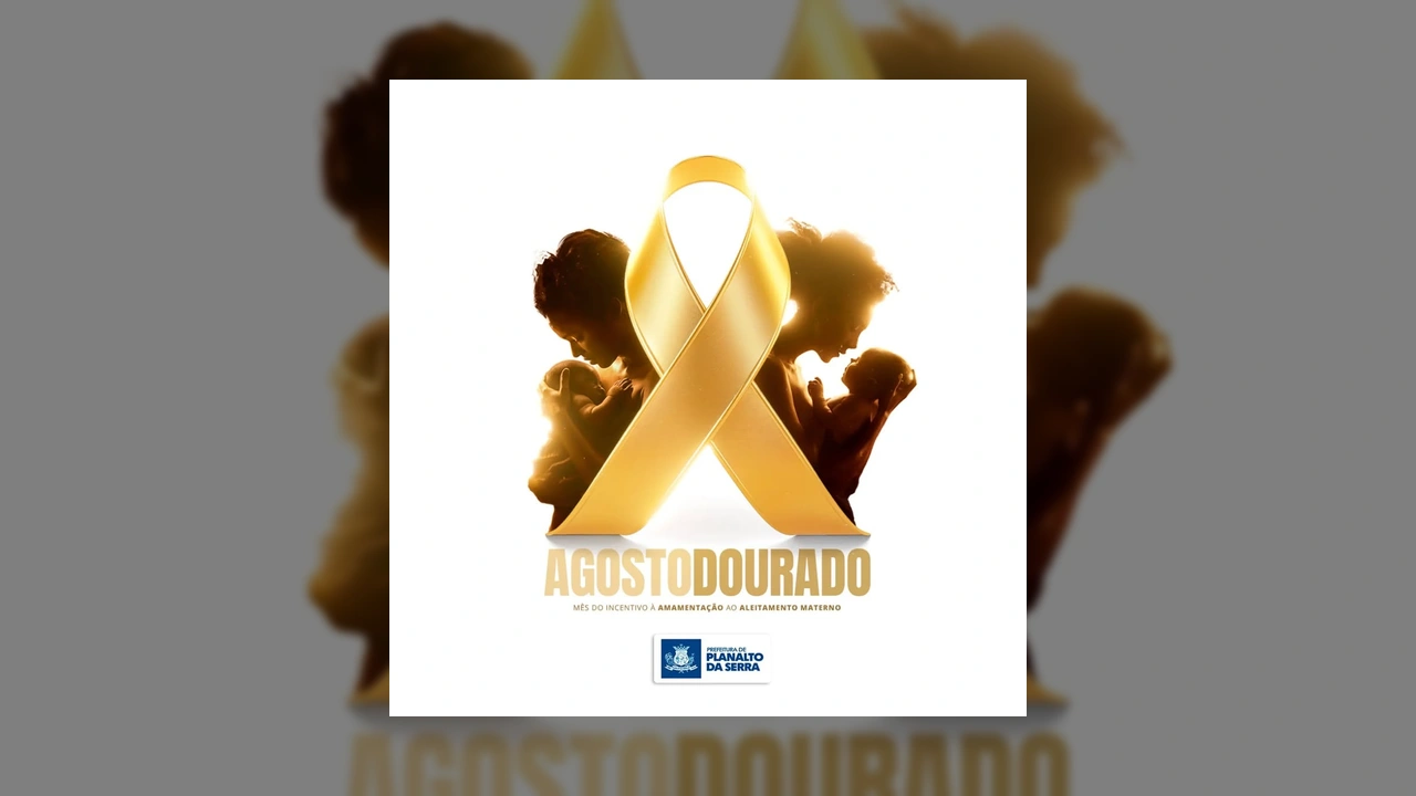 Representação visual da campanha Agosto Dourado, com um laço dourado e silhuetas de mães amamentando bebês, publicada pela Prefeitura de Planalto da Serra / Instagram