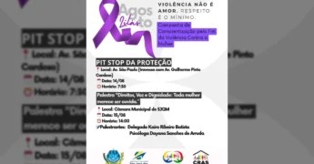 Imagem representativa da campanha Agosto Lilás com um laço roxo e texto sobre o fim da violência contra a mulher, da Prefeitura Municipal de São José dos Quatro Marcos no Instagram.
