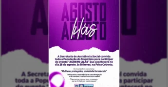 Banner roxo com os dizeres 'Agosto Lilás', símbolo da campanha de combate à violência contra a mulher. Créditos: Prefeitura de Campinápolis / Instagram.
