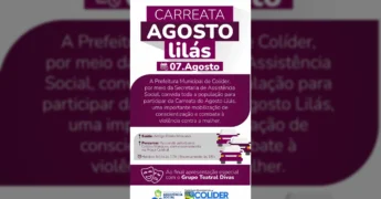 Banner do Agosto Lilás em Colíder com frases de denúncia, exibido durante evento para combater a violência contra a mulher. Créditos: Prefeitura de Colíder / Instagram.