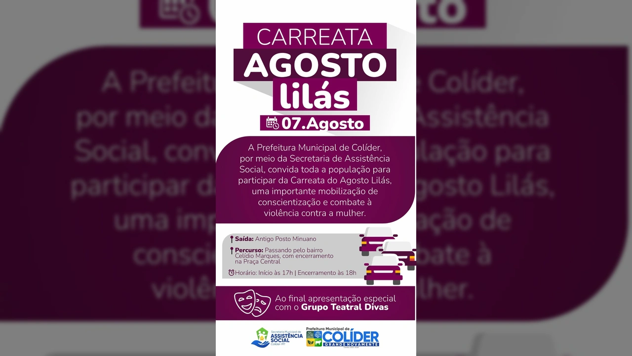 Banner do Agosto Lilás em Colíder com frases de denúncia, exibido durante evento para combater a violência contra a mulher. Créditos: Prefeitura de Colíder / Instagram.