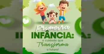 Ilustração de crianças felizes simbolizando a campanha Agosto Verde da Prefeitura de Cláudia, focada na primeira infância. Crédito: Instagram @prefeituradeclaudia