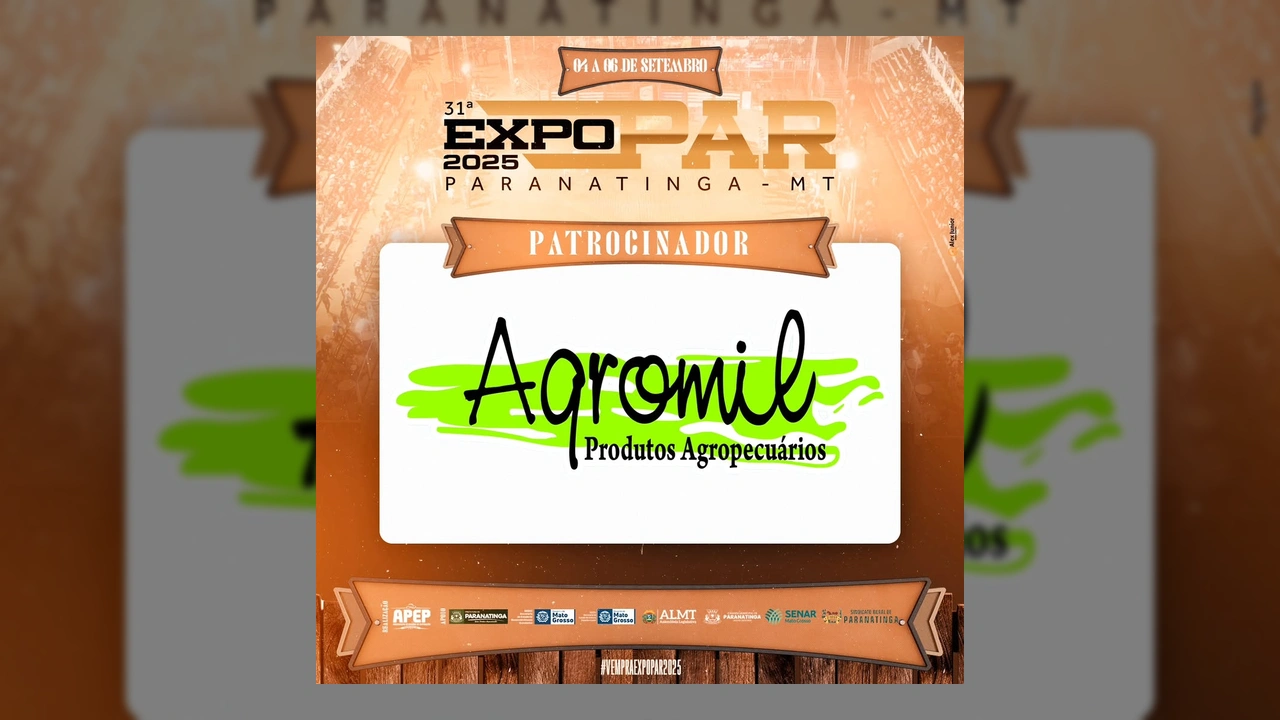 Logotipo da Agromil Produtos Agropecuários em destaque na imagem de divulgação da EXPOPAR 2025. Créditos: EXPOPAR Paranatinga / Instagram