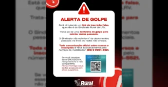 Imagem de alerta de golpe com exclamação vermelha e texto sobre links falsos do Sindicato Rural de Lucas do Rio Verde / Instagram @sindicatoruraldelucas