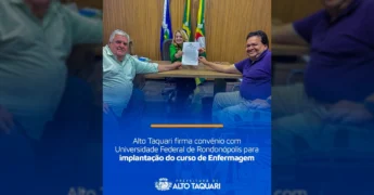 Assinatura do convênio para o curso de Enfermagem em Alto Taquari. Créditos: Prefeitura de Alto Taquari / Instagram.
