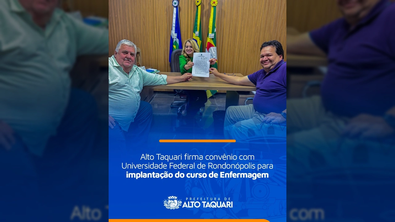 Assinatura do convênio para o curso de Enfermagem em Alto Taquari. Créditos: Prefeitura de Alto Taquari / Instagram.