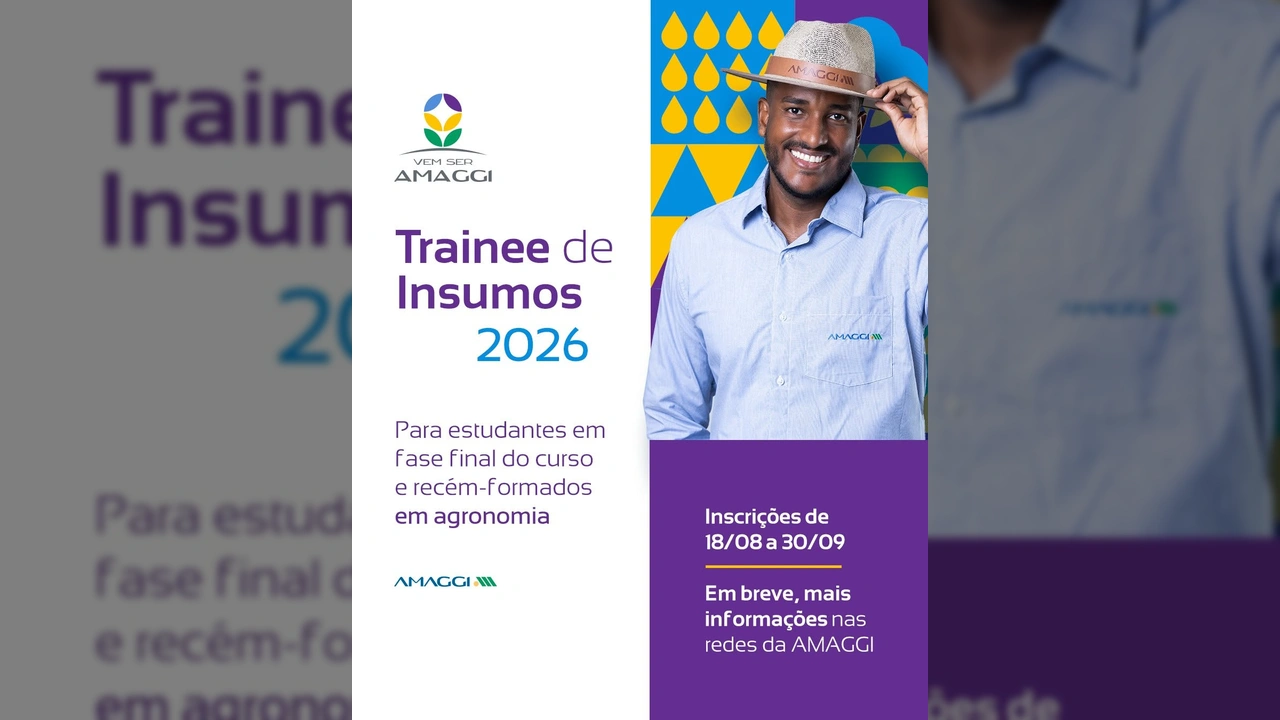 Homem sorridente com camisa da AMAGGI e chapéu, ao lado de informações sobre o Programa Trainee Insumos 2026. Créditos: AMAGGI Brasil no Instagram.