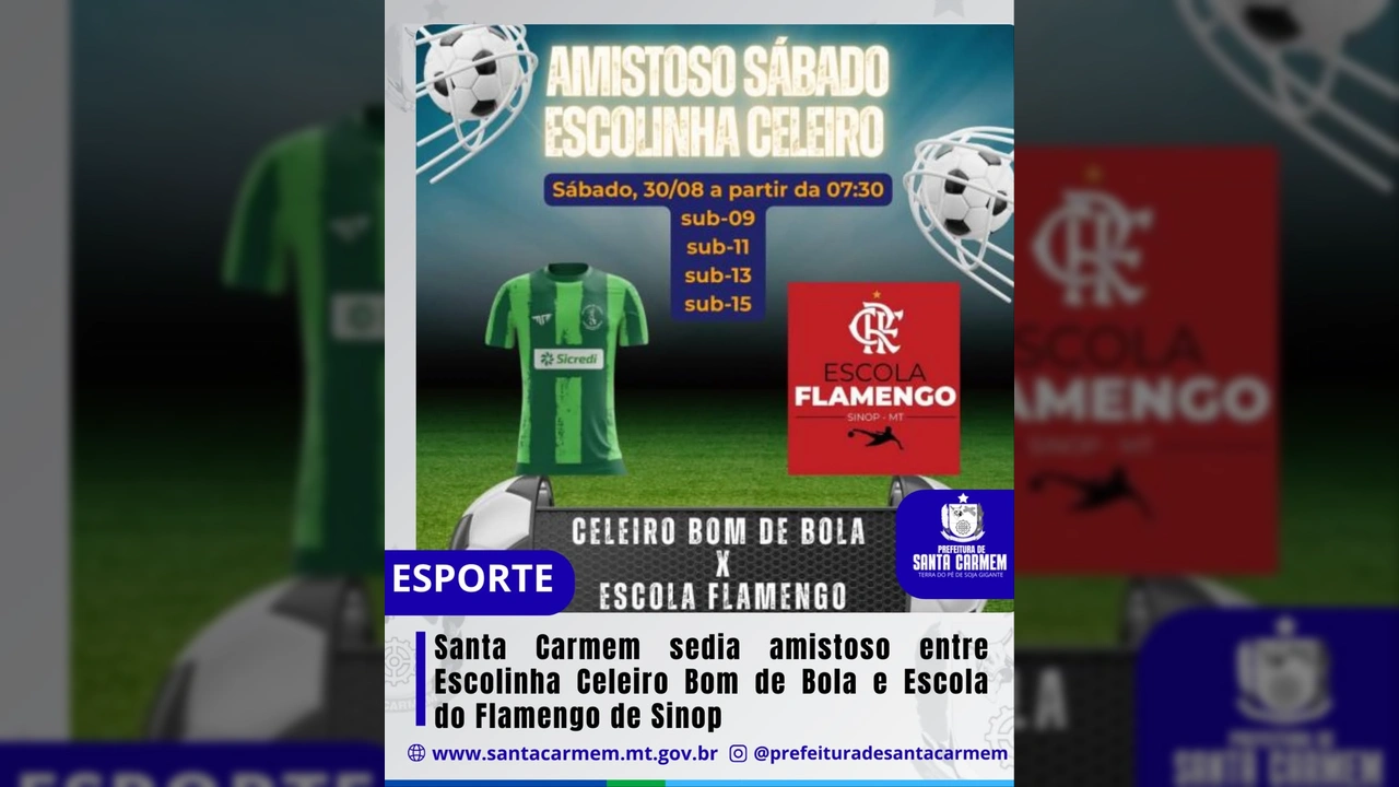 Amistoso de futebol em Santa Carmem, com camisas dos times Celeiro Bom de Bola e Flamengo de Sinop, no Complexo Esportivo Enio Pipino. Créditos: Prefeitura de Santa Carmem / Instagram.