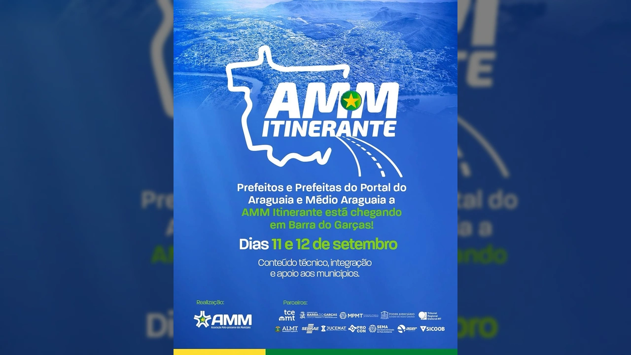 Cartaz do AMM Itinerante em Barra do Garças, com destaque para o mapa do Mato Grosso e data do evento. Créditos: AMM / Instagram