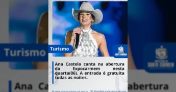 Ana Castela cantando em palco, divulgado pela Prefeitura de Santa Carmem para a ExpoCarmem 2025.