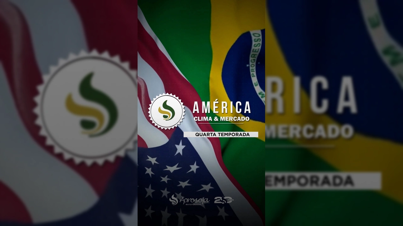 Cena do vídeo da Aprosoja Mato Grosso divulgando a 4ª temporada de América, Clima e Mercado, com lavouras e silos de grãos.