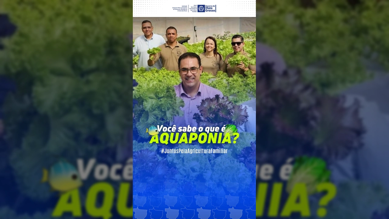 Homem explicando o Projeto Ciclo Vivo de Aquaponia em Mato Grosso, com imagens de plantações de alface e tilápias, por @seafmt.