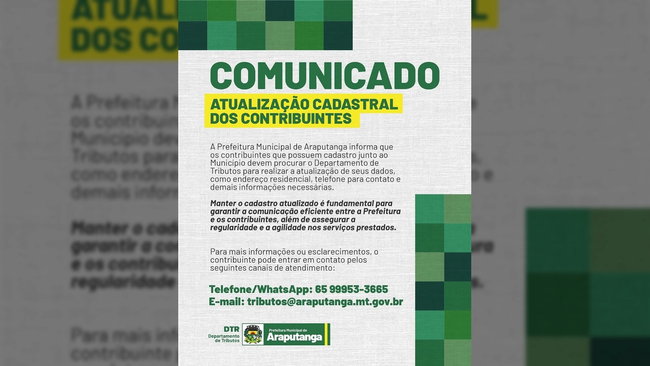 Imagem do comunicado oficial da Prefeitura de Araputanga para atualização cadastral dos contribuintes. Crédito: Instagram / aputangaprefeitura