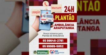 Imagem ilustrativa de uma ambulância e um celular com os novos números para contato de emergência em Araputanga. Créditos: Prefeitura de Araputanga / Instagram