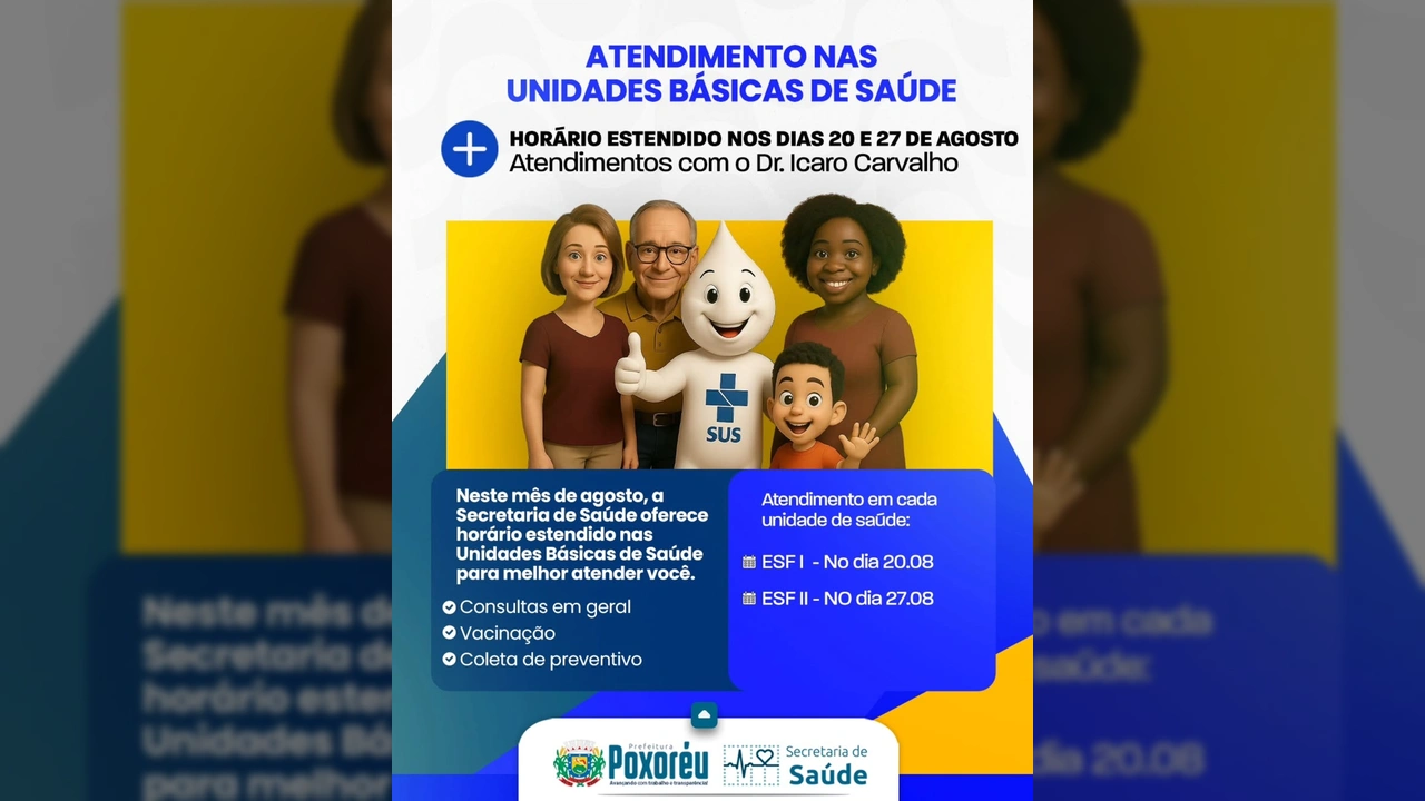 Imagem promocional da campanha de saúde em Poxoréu com pessoas sorrindo e o mascote SUS, creditado a Prefeitura de Poxoréu no Instagram.