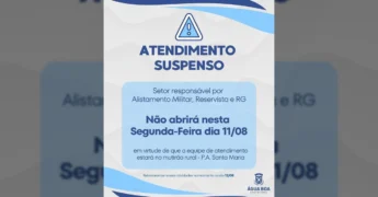 Sinal de alerta e texto 'Atendimento Suspenso' da Prefeitura de Água Boa-MT. Créditos: Prefeitura de Água Boa-MT / Instagram.