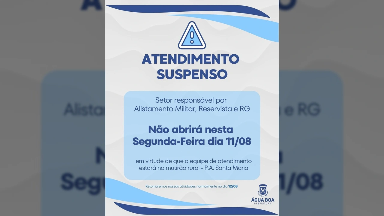Sinal de alerta e texto 'Atendimento Suspenso' da Prefeitura de Água Boa-MT. Créditos: Prefeitura de Água Boa-MT / Instagram.