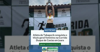 Atleta feminina de Tabaporã erguendo o troféu da Corrida Duque de Caxias em Juara, crédito: Prefeitura de Tabaporã.