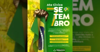 Mão segurando a bandeira do Brasil com fundo de imagem de celebrações cívicas, anunciando o Ato Cívico de 7 de Setembro em Paranatinga. Créditos: Prefeitura de Paranatinga / Instagram