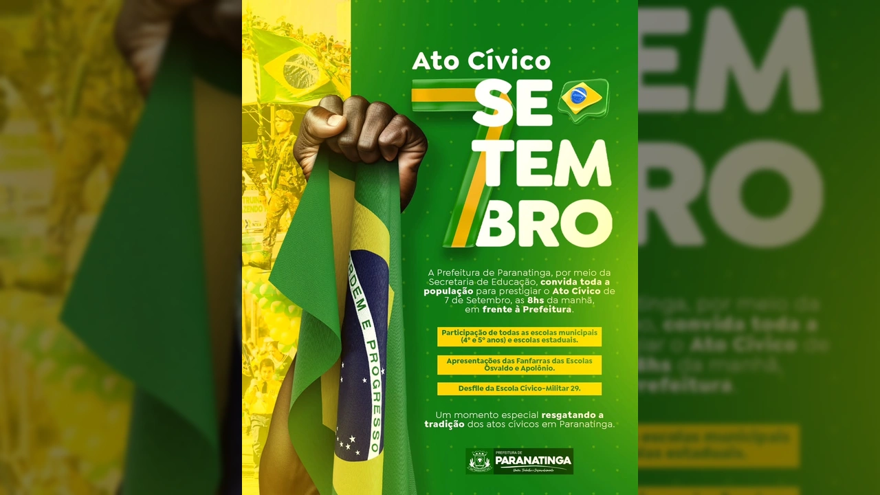 Mão segurando a bandeira do Brasil com fundo de imagem de celebrações cívicas, anunciando o Ato Cívico de 7 de Setembro em Paranatinga. Créditos: Prefeitura de Paranatinga / Instagram