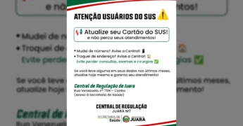 Cartão do SUS sendo atualizado, alerta da Prefeitura de Juara.