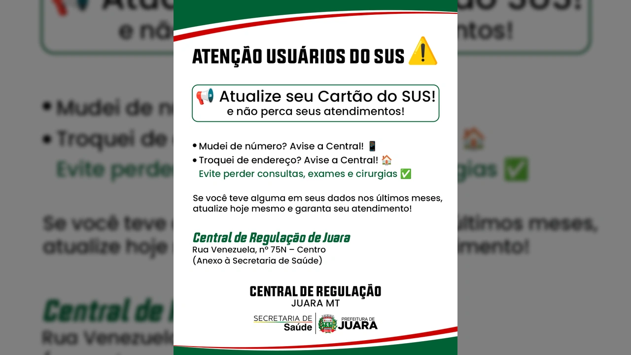 Cartão do SUS sendo atualizado, alerta da Prefeitura de Juara.