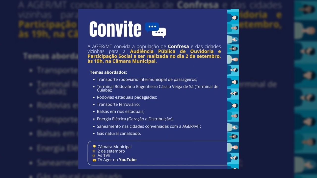 Imagem de convite para audiência pública da AGER/MT em Confresa sobre serviços essenciais. Créditos: Prefeitura de Confresa / Instagram.