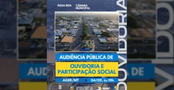 Imagem panorâmica da cidade de Água Boa, Mato Grosso, com destaque para a rotatória central e as vias urbanas, ilustrando a divulgação da audiência pública.