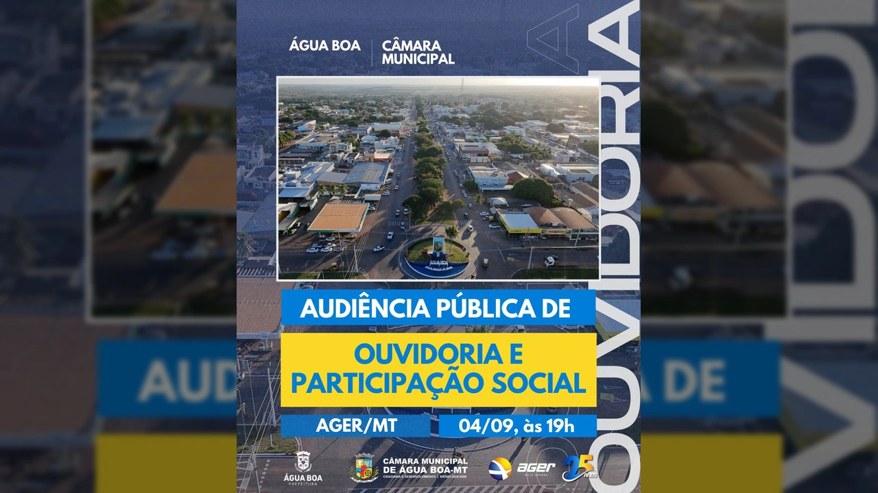 Imagem panorâmica da cidade de Água Boa, Mato Grosso, com destaque para a rotatória central e as vias urbanas, ilustrando a divulgação da audiência pública.