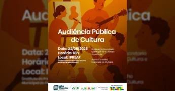 Pessoas em atividades culturais representando a diversidade artística, com o título 'Audiência Pública de Cultura'. Créditos: Prefeitura de Alta Floresta / Instagram.
