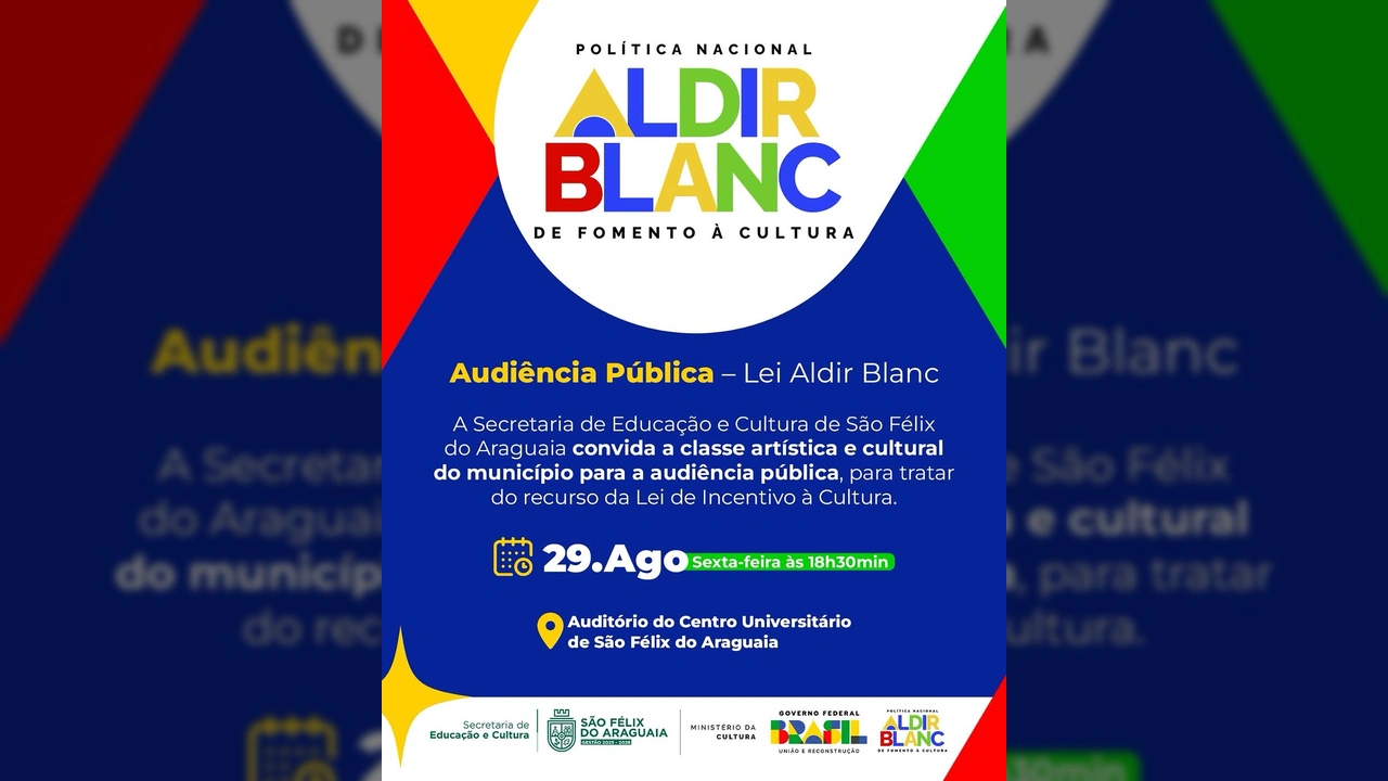 Banner da Audiência Pública da Lei Aldir Blanc em São Félix do Araguaia. Crédito: Prefeitura de São Félix do Araguaia no Instagram.